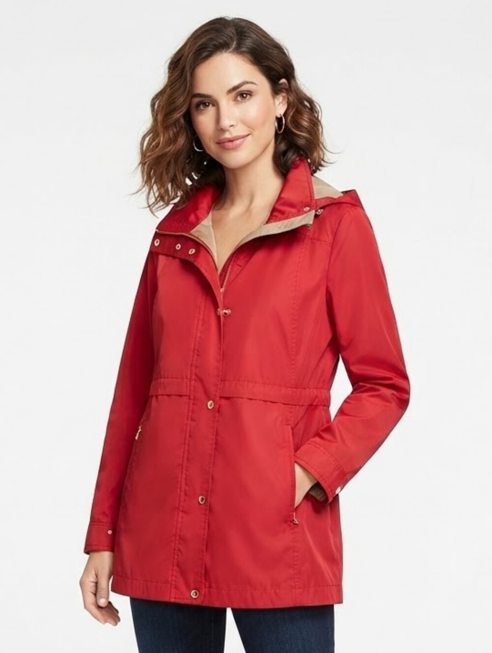 Cole Haan Red Hooded Rain Jacket Utility Anorak Drawstring Size L